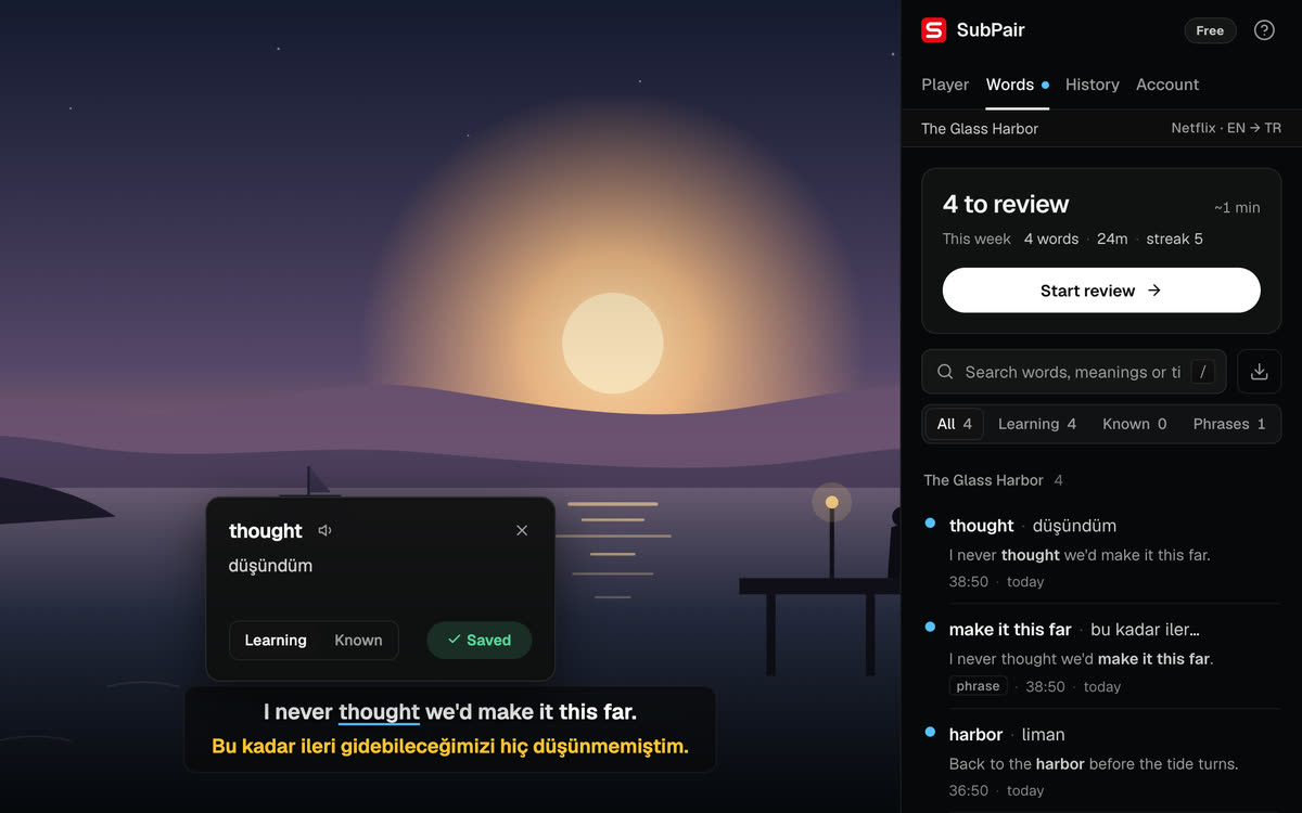 SubPair's dictionary card on an illustrated scene: the word 'thought' clicked in the subtitle, its meaning 'düşündüm', saved as Learning, and the SubPair side panel listing saved words with the line each came from